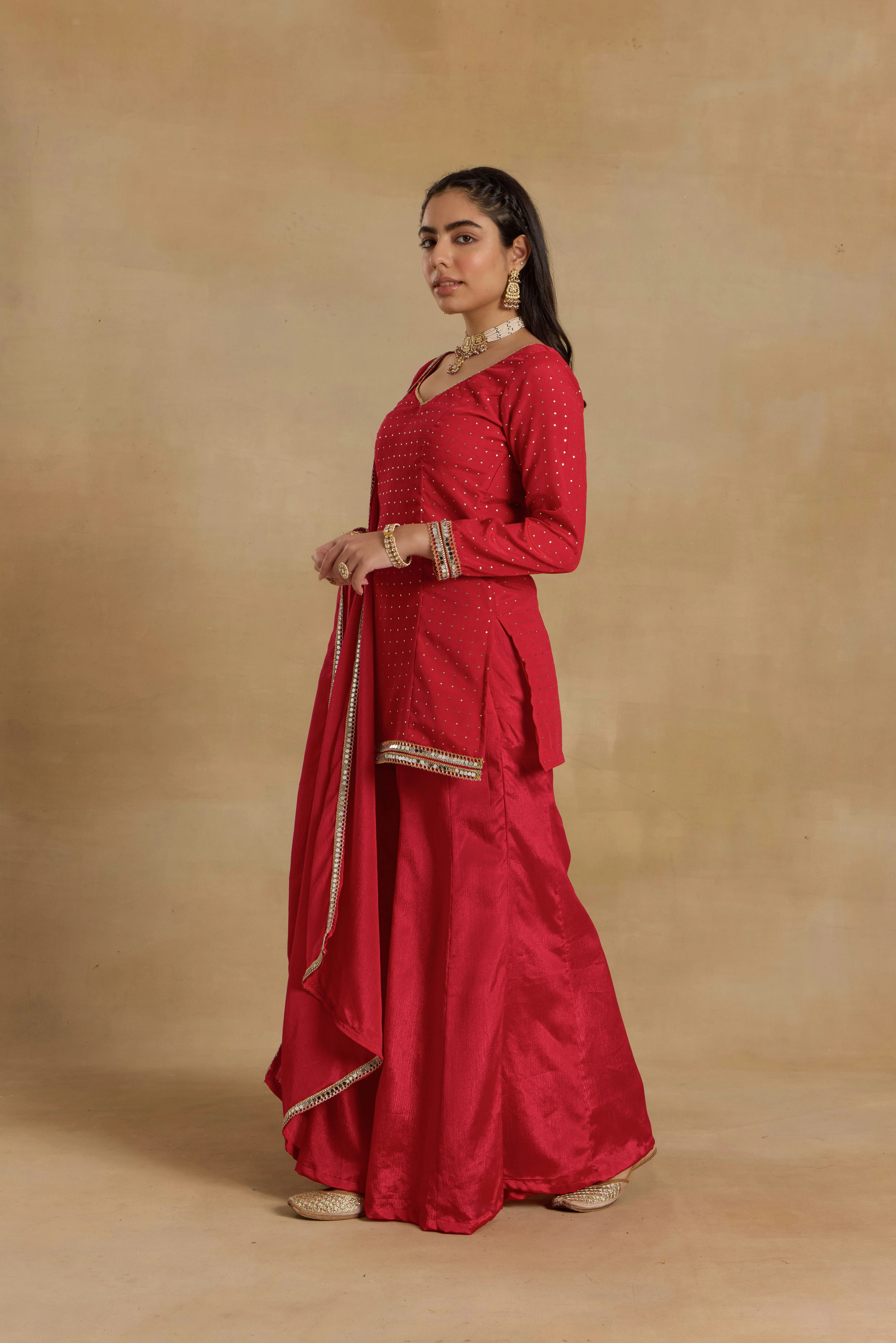 Alaya Heer Red Desi Diva Cami-sharara Set with Choker Dupatta - Image 3