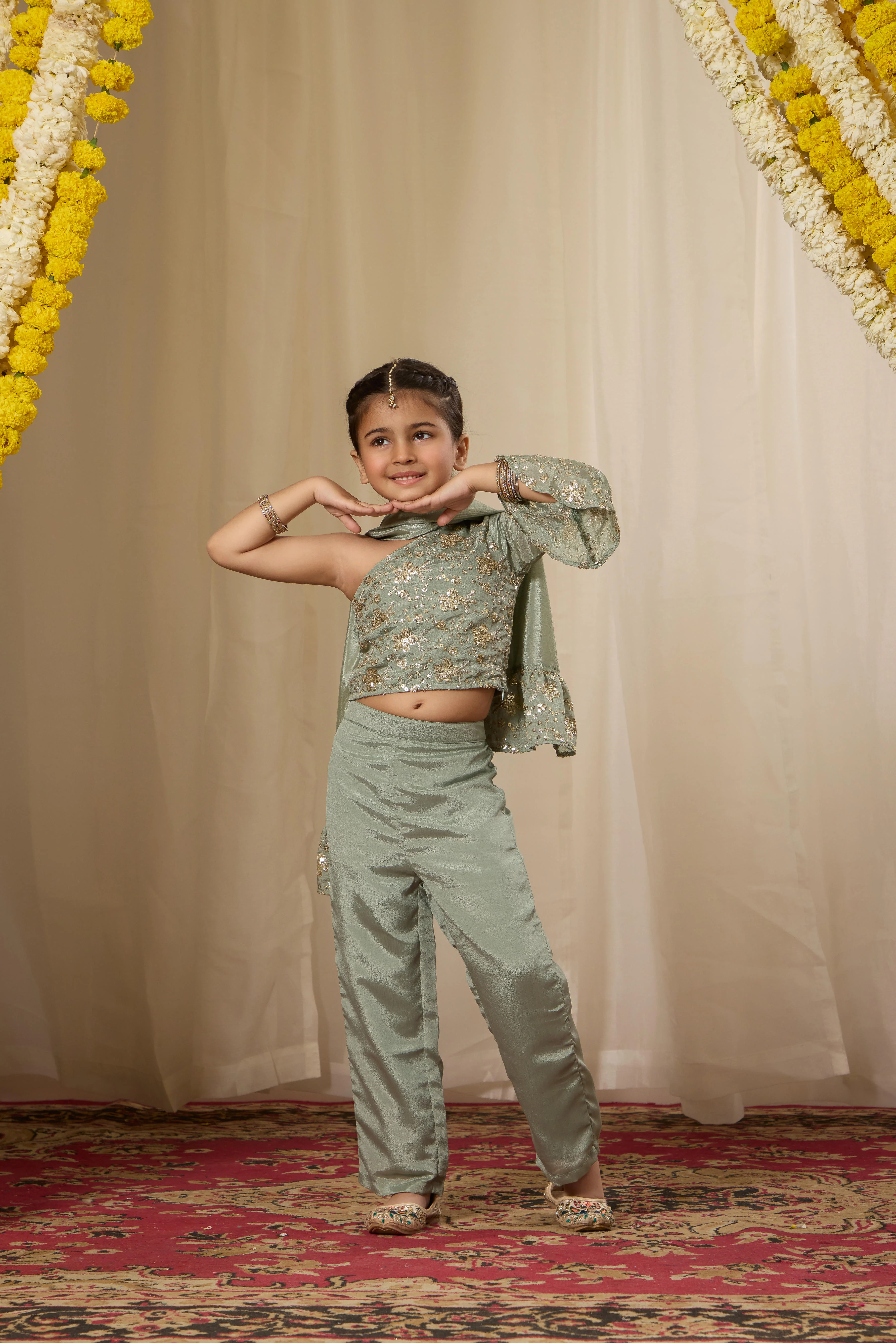 Alaya Kids Smoke Green One Shoulder Fusion Set - Image 3