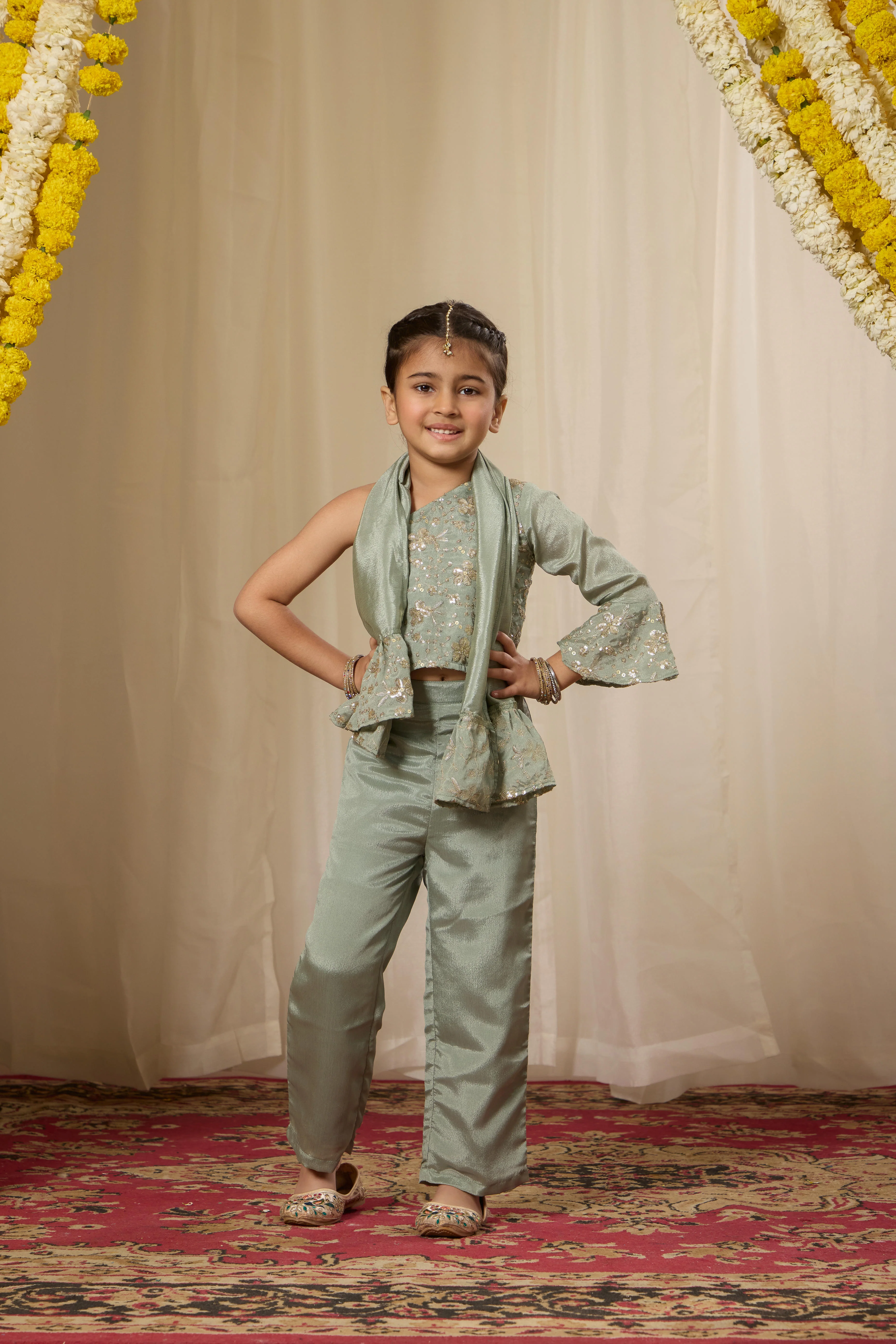 Alaya Kids Smoke Green One Shoulder Fusion Set - Image 5