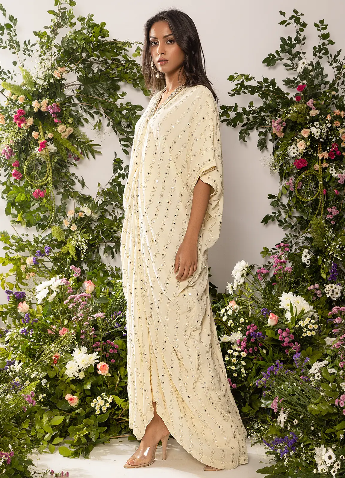 astoria Ivory Mirror Work Drape Kaftan - Image 3