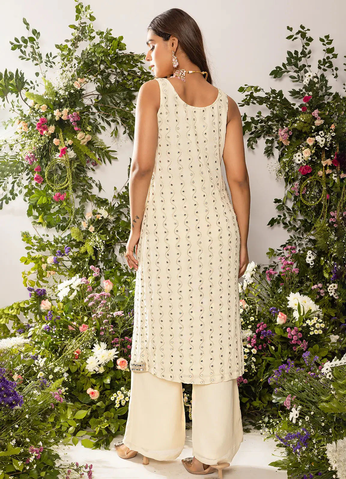 astoria Ivory Mirror Work Front Slit Kurta Set - Image 3