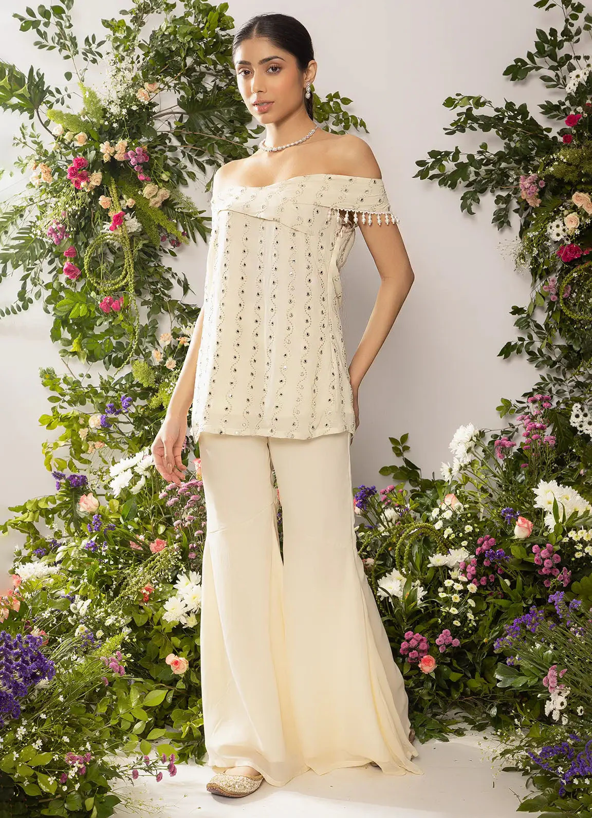 astoria Ivory Off Shoulder Kurta with Pants - Image 3
