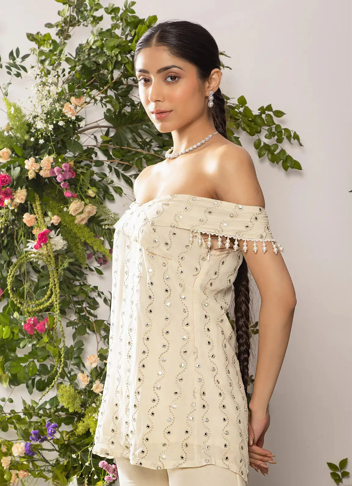 astoria Ivory Off Shoulder Kurta with Pants - Image 4