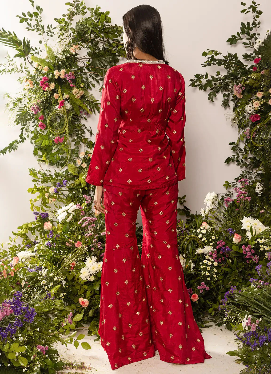 Astoria Red Zari Motif Front Slit Kurta with Gharara - Image 3