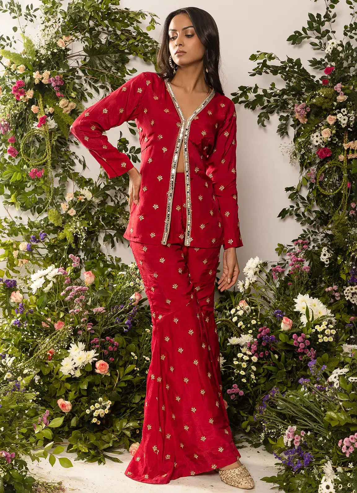 Astoria Red Zari Motif Front Slit Kurta with Gharara - Image 4