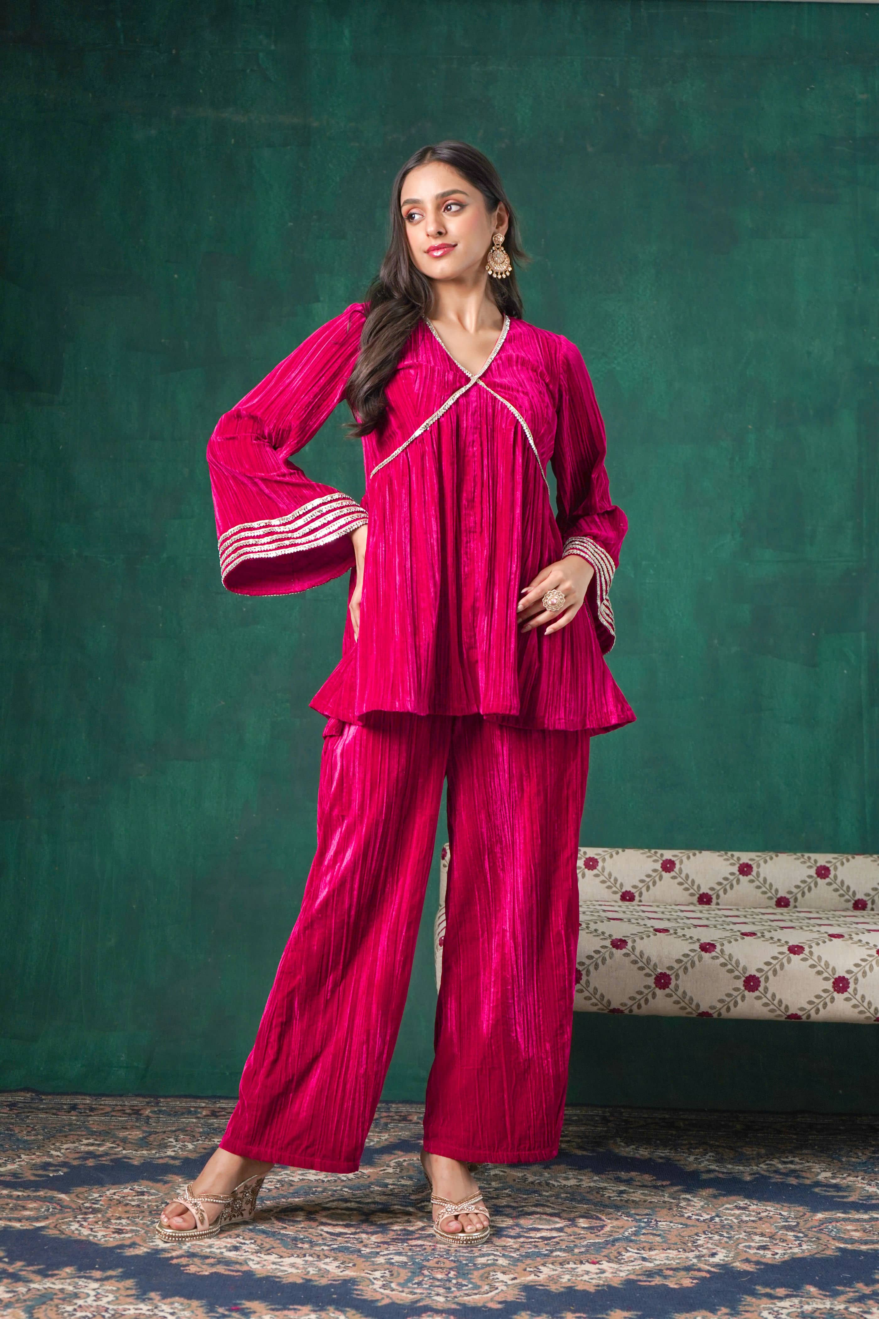 Rutba Fuchsia Velvet Peplum Kurta - Image 4