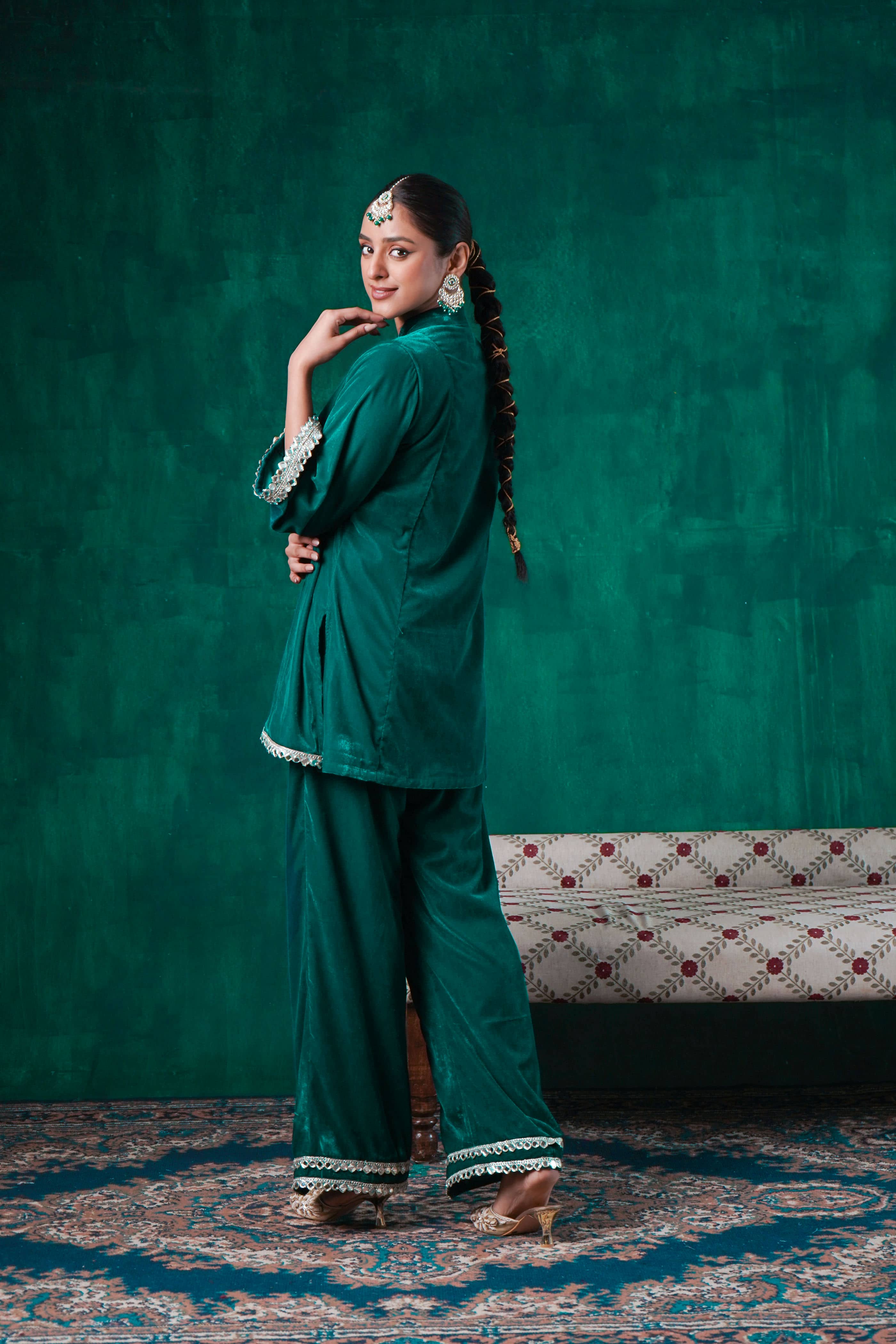 Rutba Green Velvet Mirrorwork Kurta With Pants - Image 3