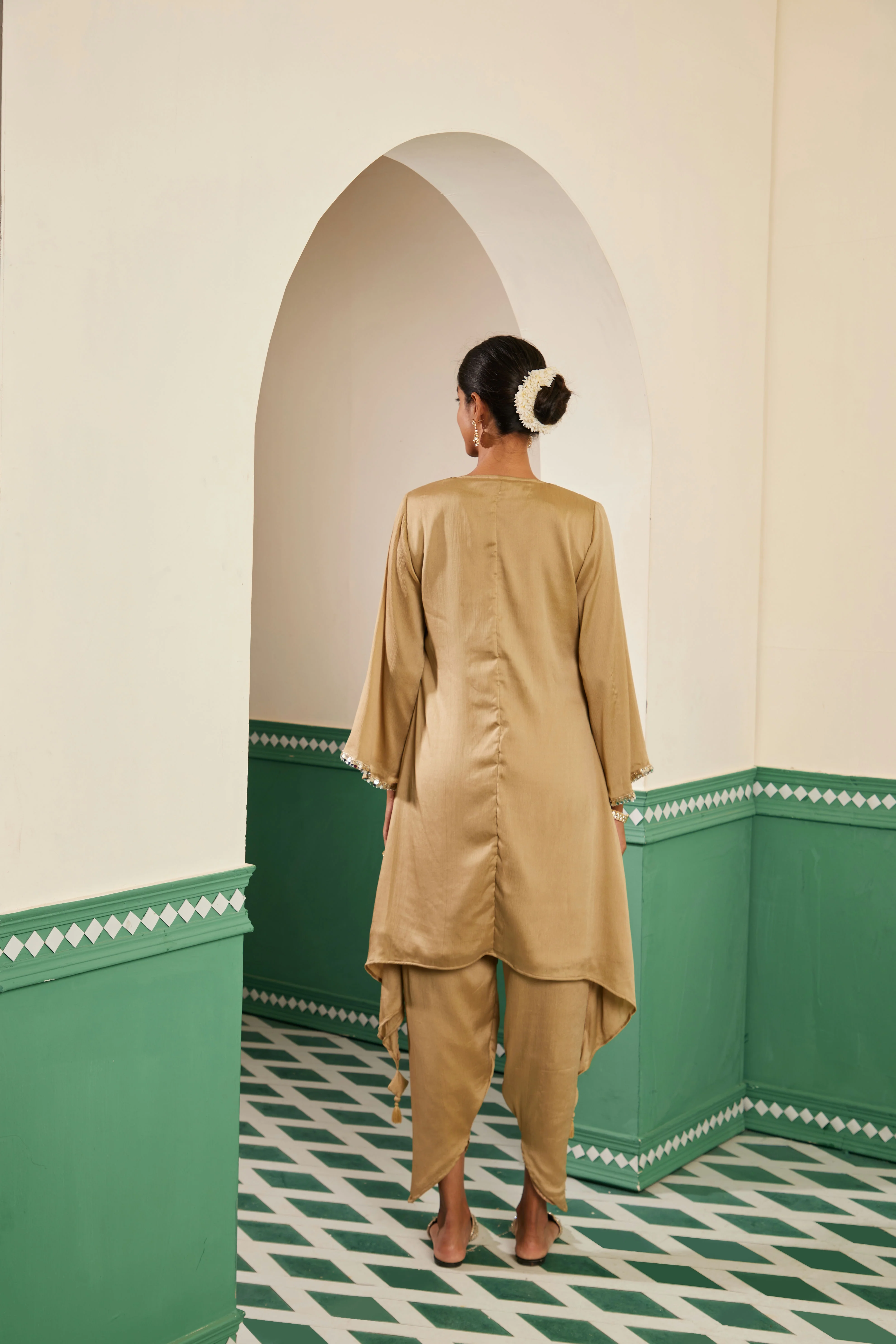 Sajda Champagne Mirrorwork Tassel Kurta - Image 4