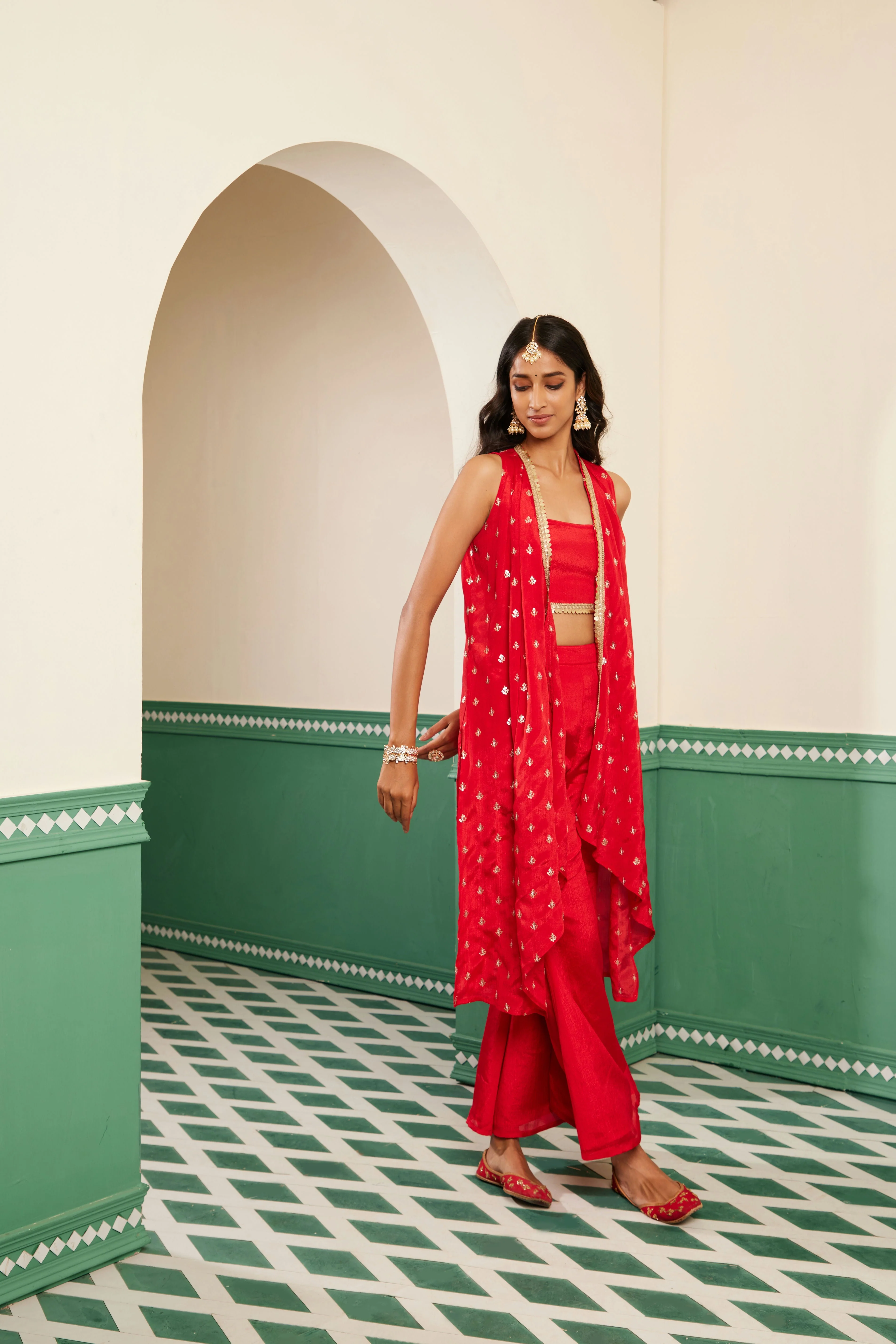 Sajda Red Embroidered Overlay Set - Image 3