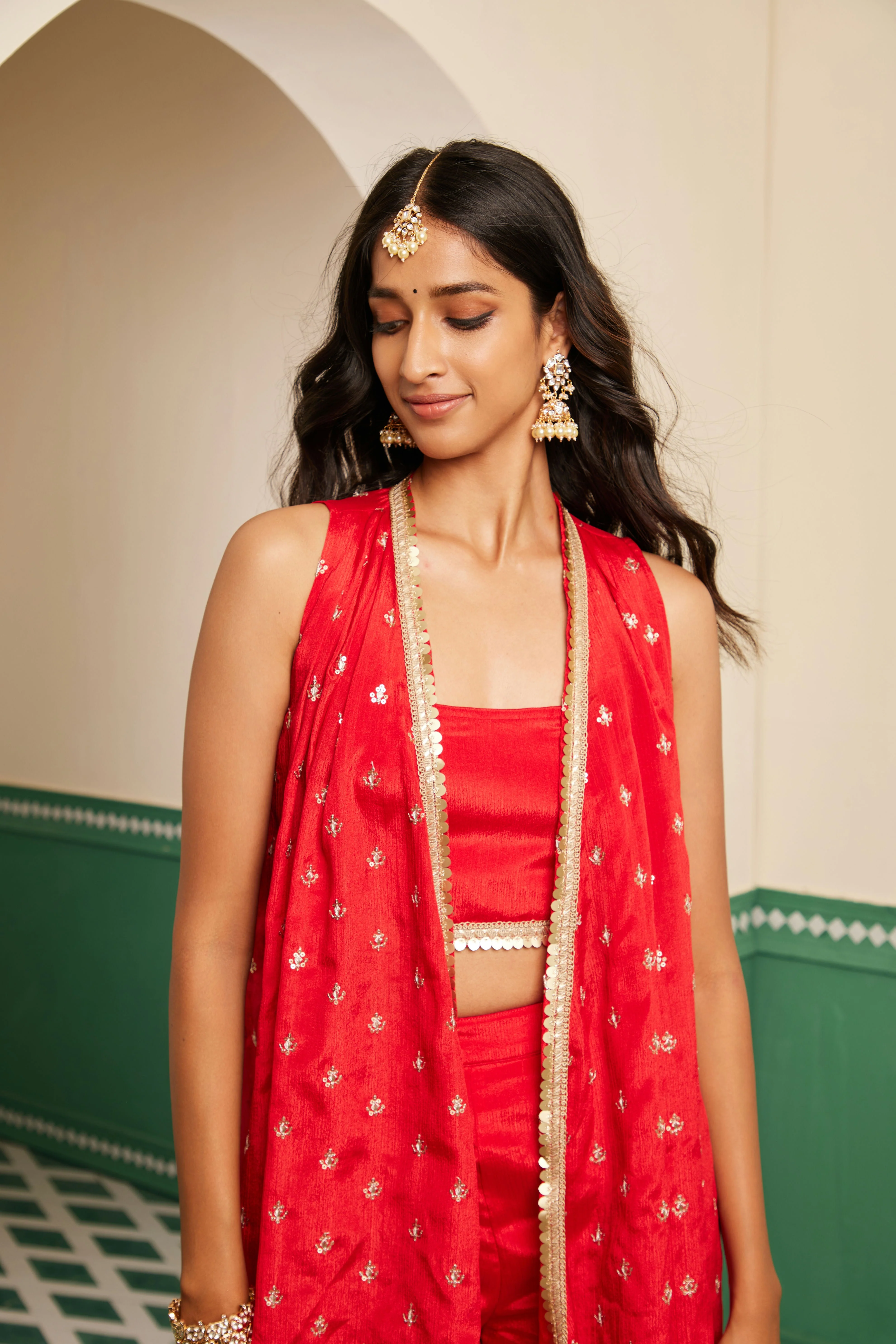 Sajda Red Embroidered Overlay Set - Image 4