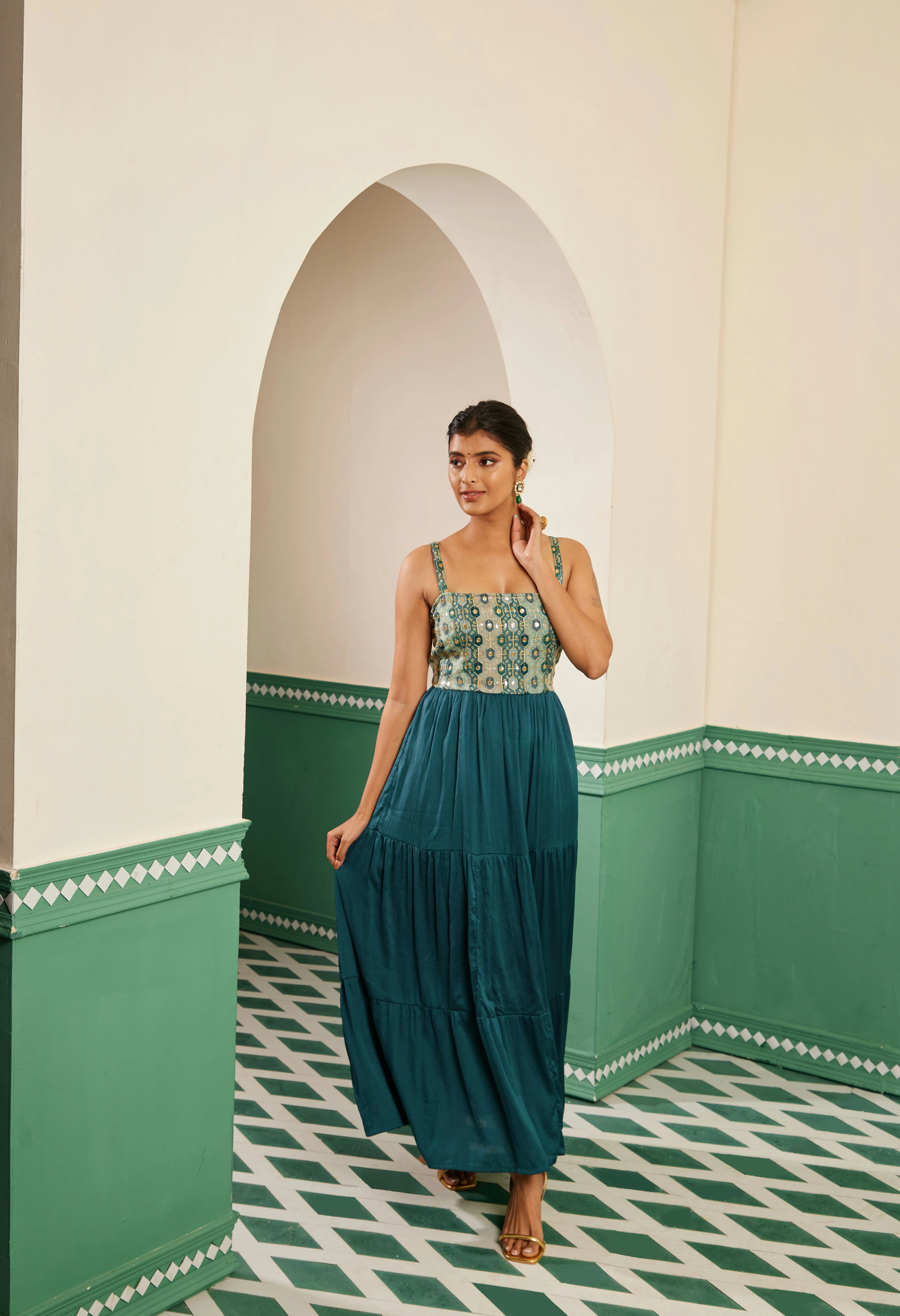 Sajda Teal Embroidered Maxi Dress - Image 4