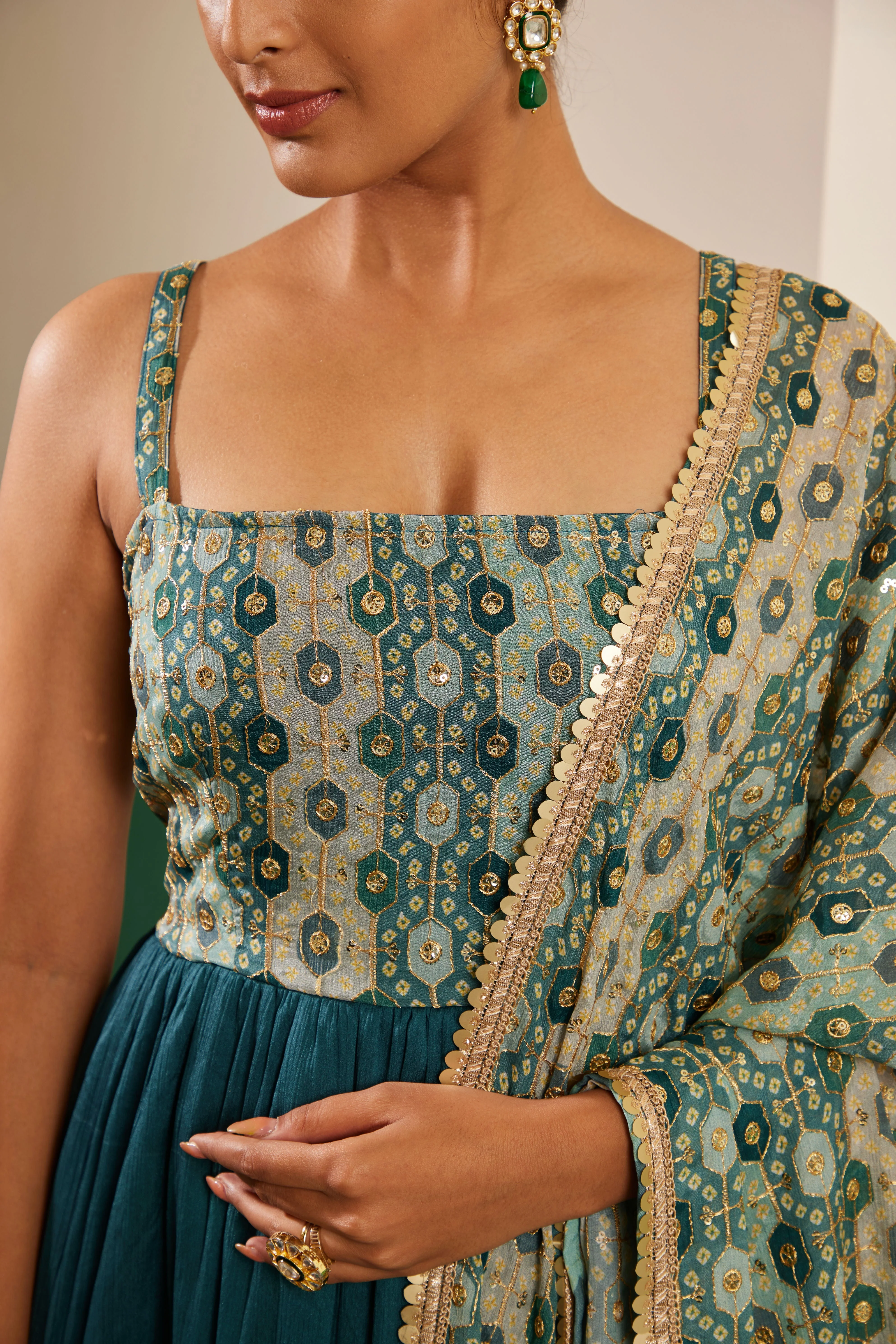 SAJDA TEAL EMROIDERED MAXI DRESS AND DUPATTA SET - Image 3