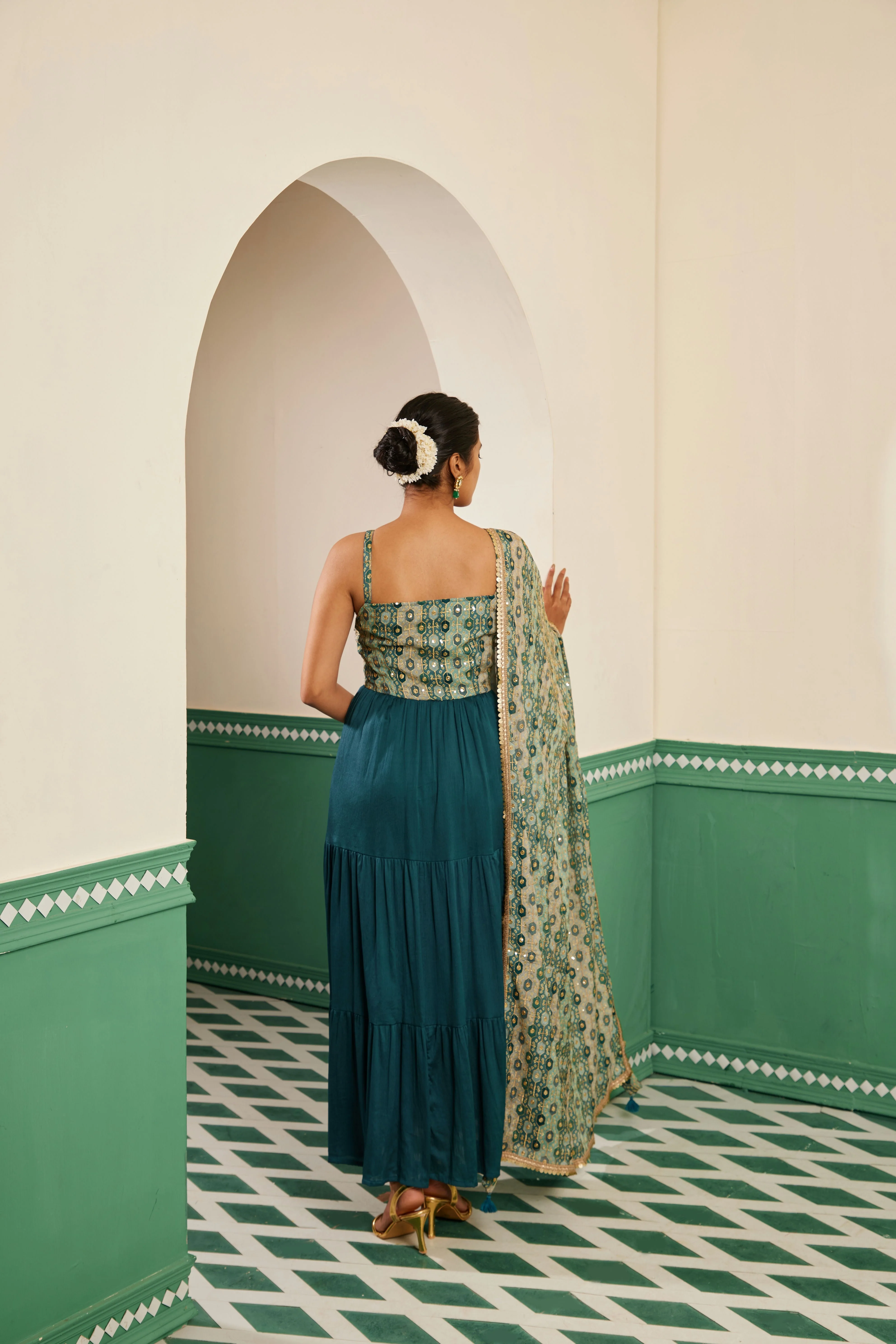 SAJDA TEAL EMROIDERED MAXI DRESS AND DUPATTA SET - Image 5