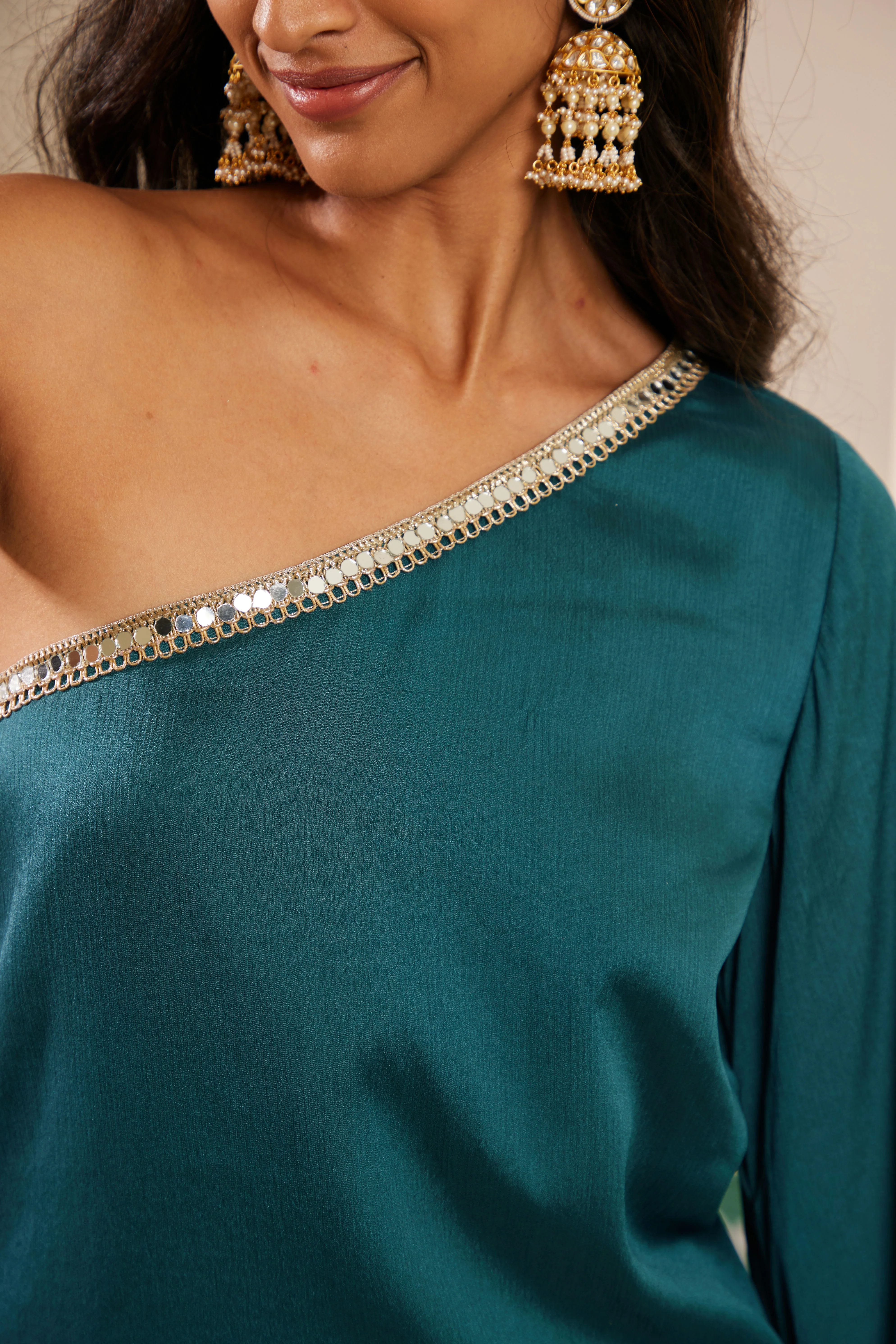 Sajda Teal Mirrorwork One shoulder Kurta - Image 3