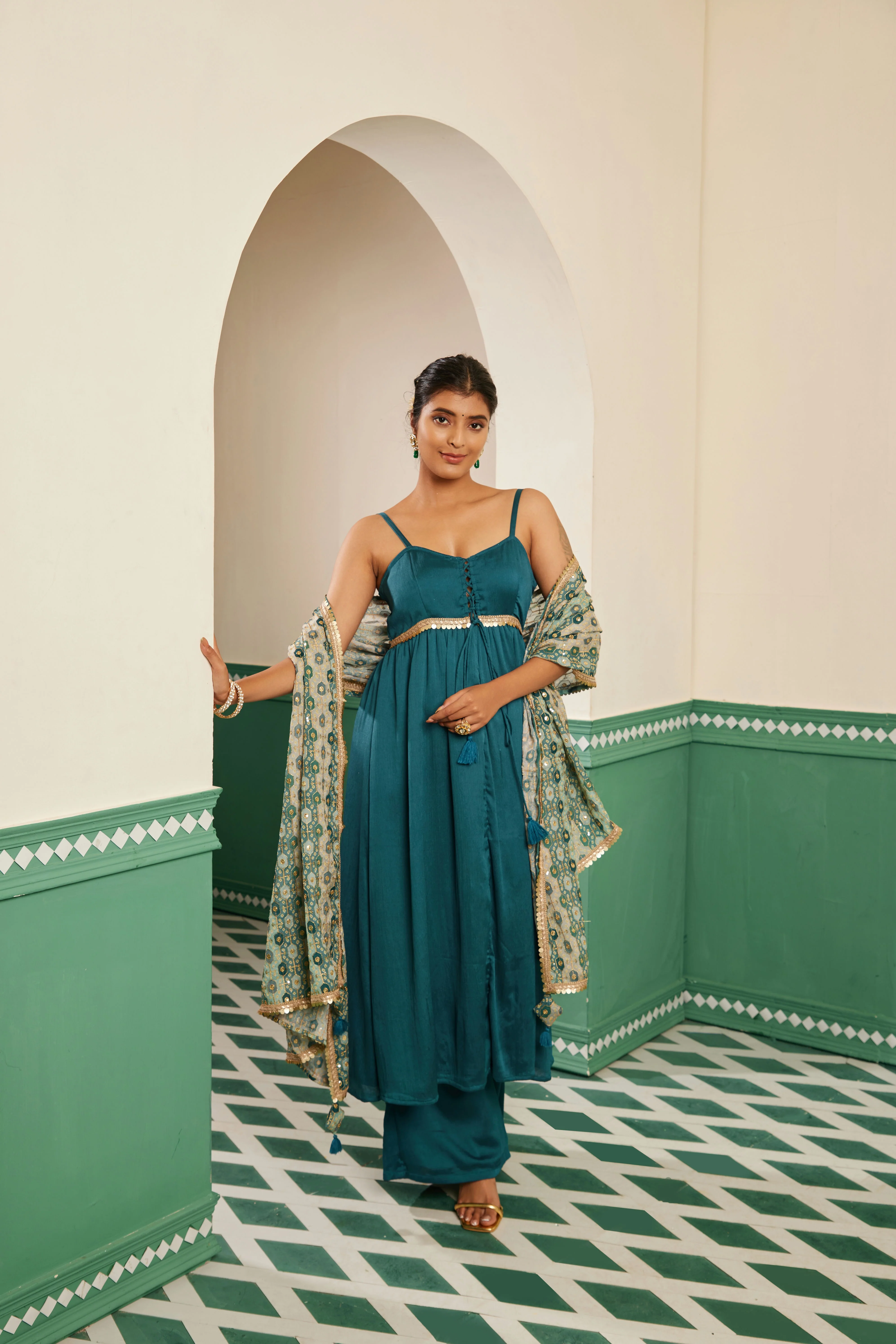 Sajda Teal Tie Up Anarkali Dress - Image 3