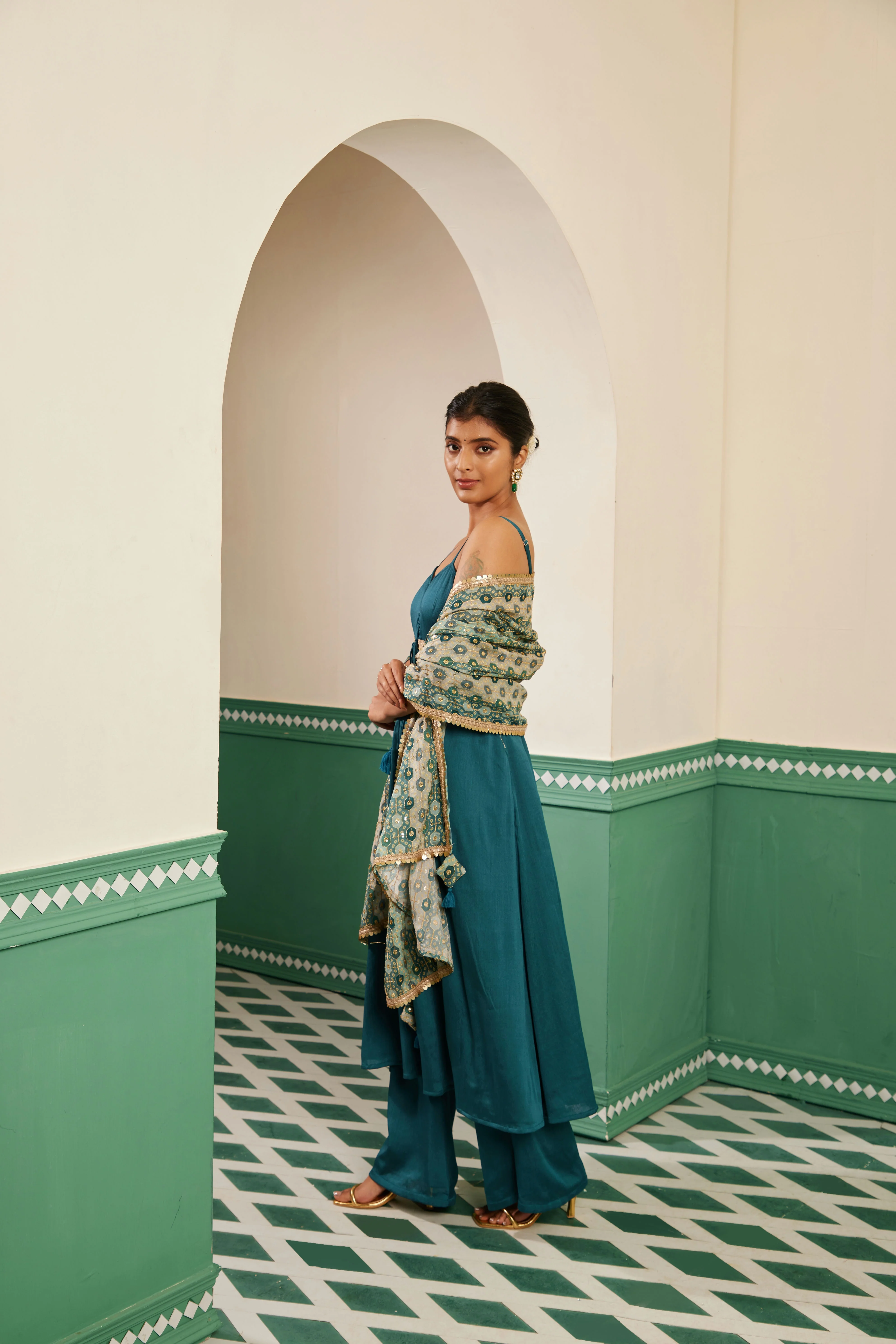 Sajda Teal Tie Up Anarkali Dress - Image 4