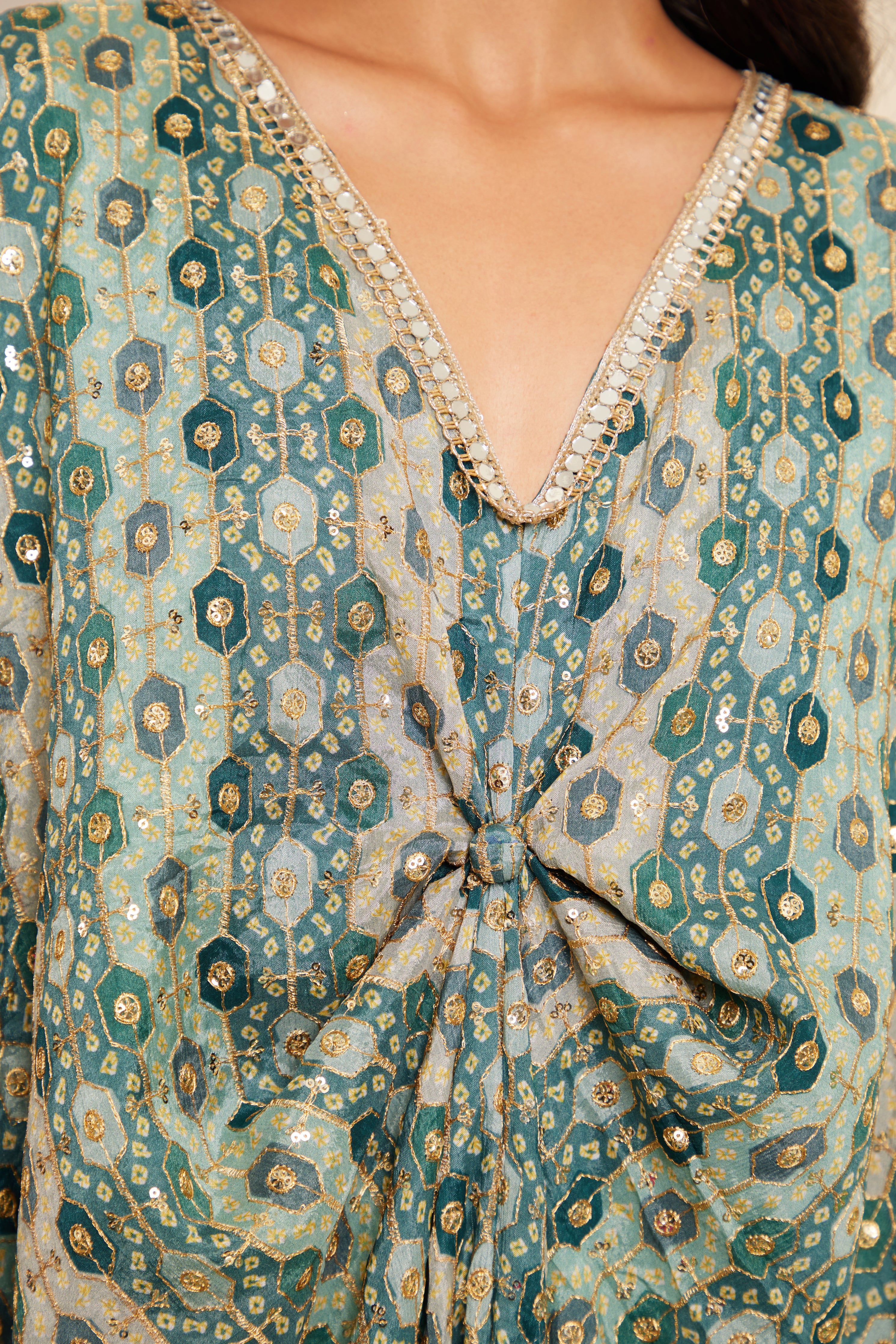 Sajda Teal Tonal Embroidered Kaftan - Image 3