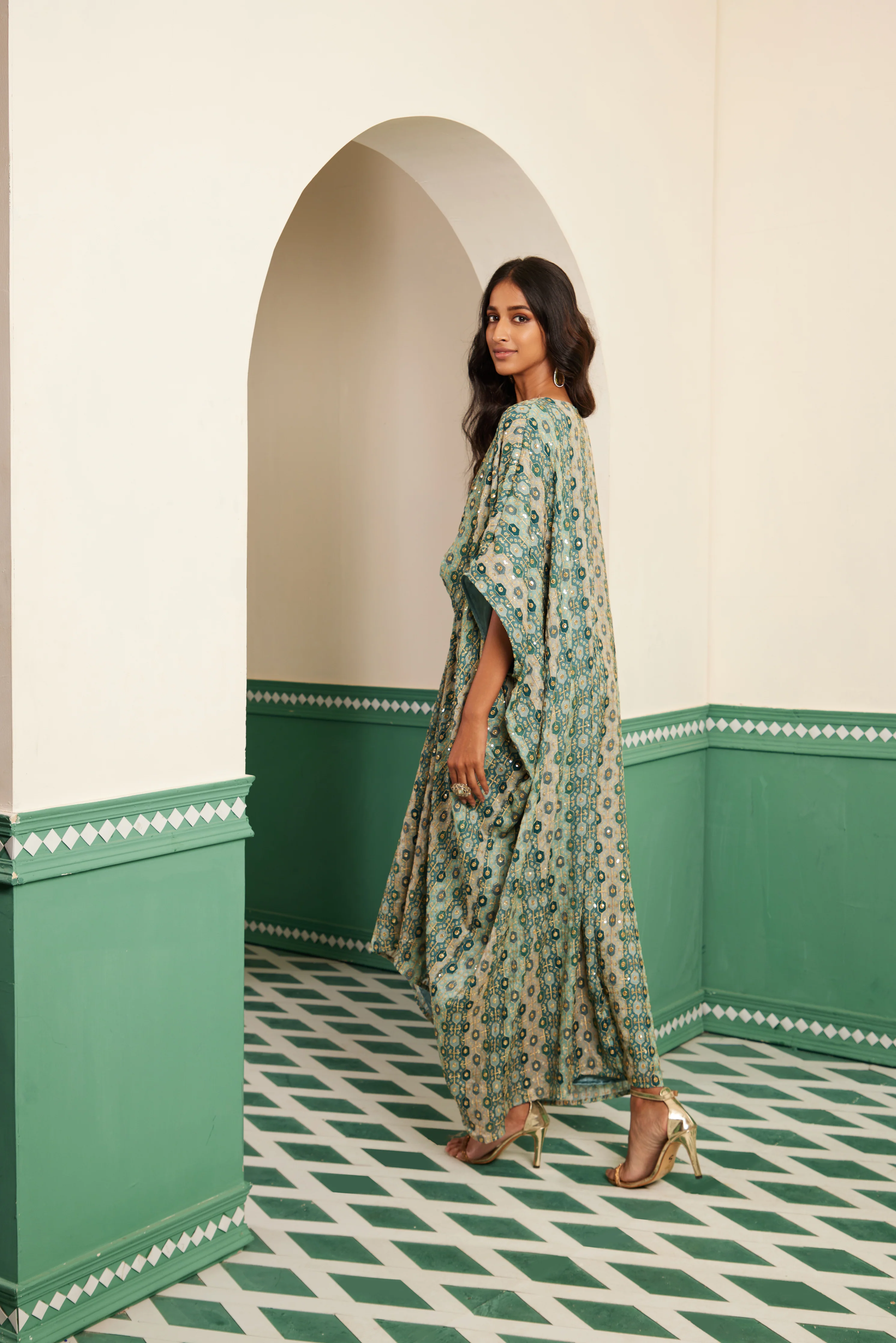 Sajda Teal Tonal Embroidered Kaftan - Image 4