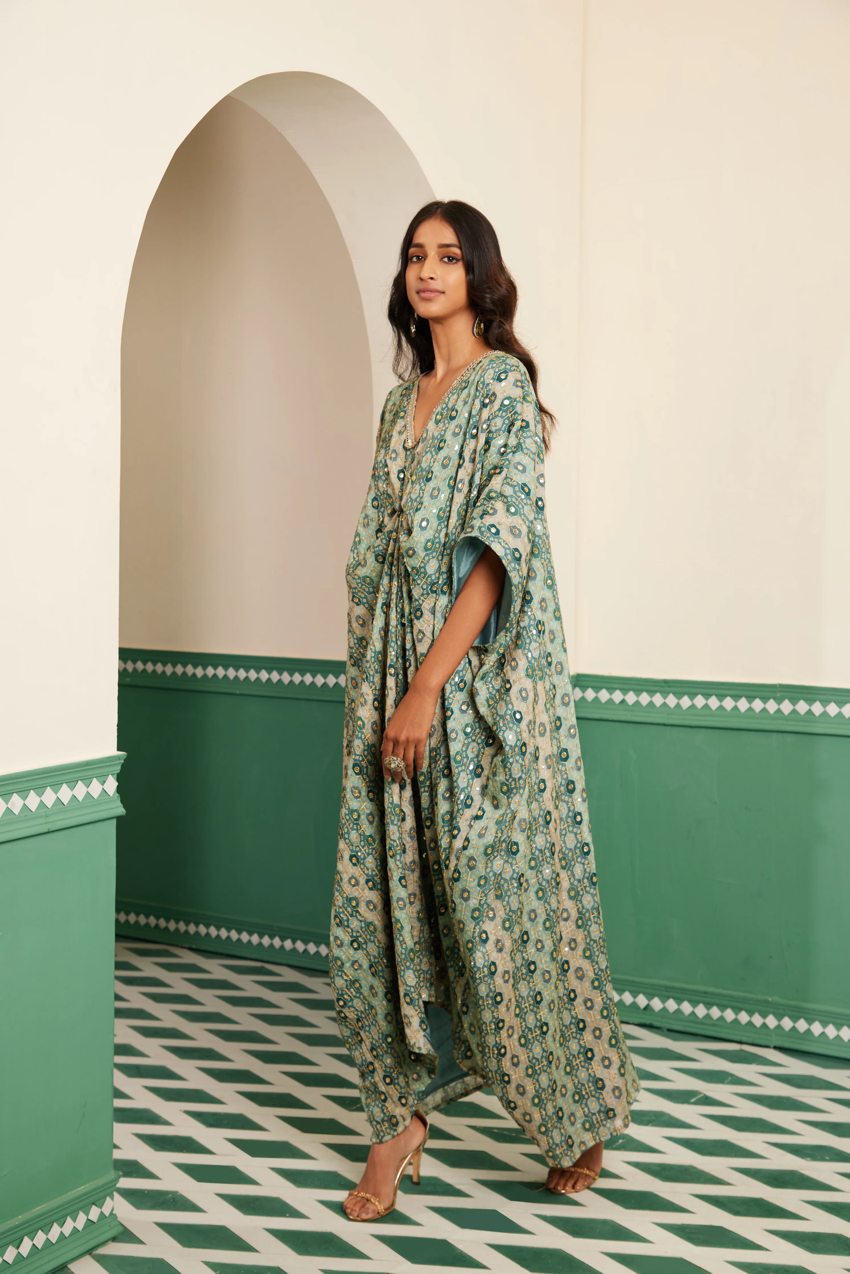 Sajda Teal Tonal Embroidered Kaftan - Image 5